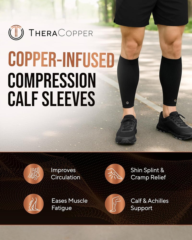 TheraCopper Copper Calf Compression Sleeve — Premium Copper Compression Shin Sleeve for Men & Women — Breathable & Non-Slip Leg Sleeves for Runners, Shin Splints, Muscle Recovery & Leg Fatigue - Image 2